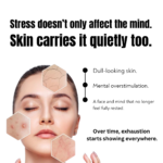 Luxury botanical wellness creative highlighting mental overstimulation, dull-looking skin, and calming sandalwood oil rituals for emotional balance and skincare