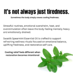 Botanical wellness educational creative explaining how stress, overstimulation, and emotional exhaustion affect freshness and clarity using spearmint essential oil.