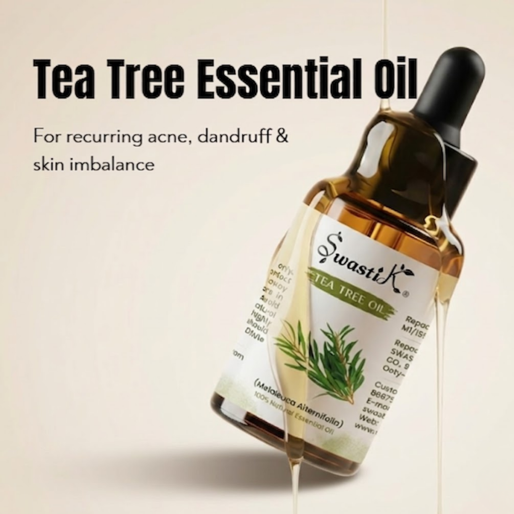 Tea Tree Essential Oil bottle for acne, skin purification, and scalp hygiene with clean minimal background