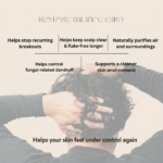 Benefits of tea tree essential oil showing acne reduction, dandruff control, and skin balance support