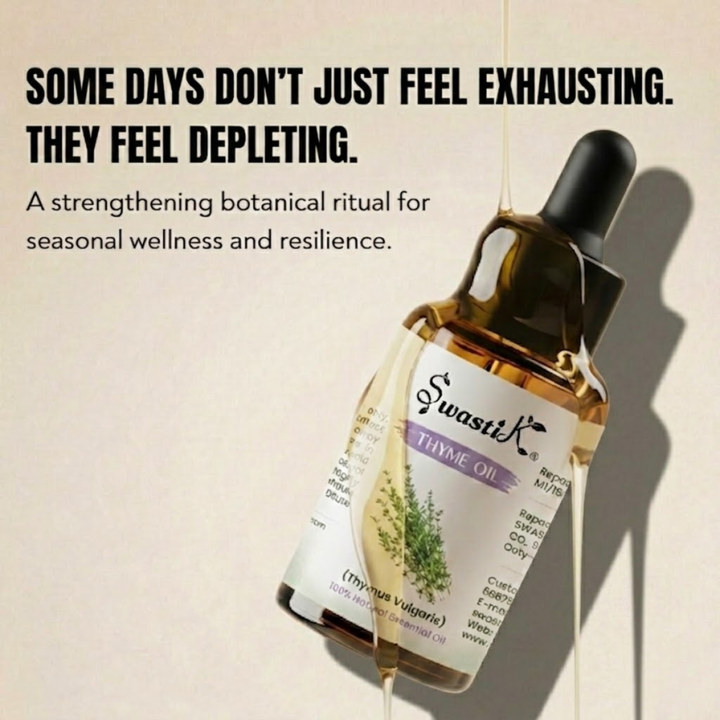 Premium Swastik Thyme Essential Oil bottle styled in luxury botanical wellness aesthetics for seasonal wellness, restorative rituals, and aromatic self-care.
