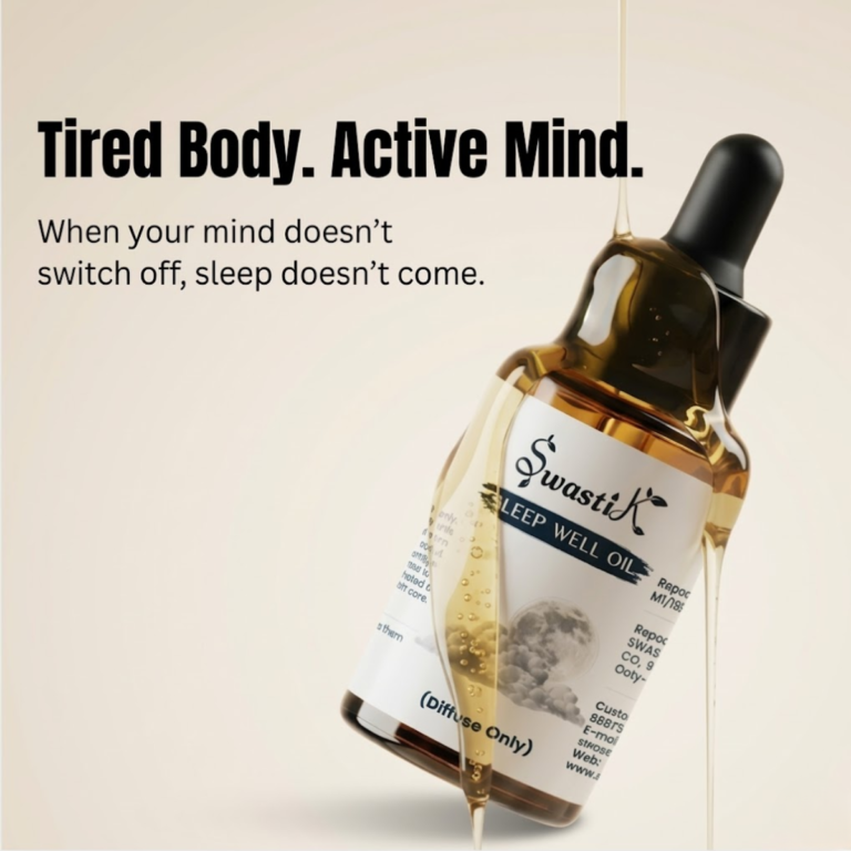 sleep essential oil bottle with calming oil drip representing nighttime relaxation and stress relief for better sleep