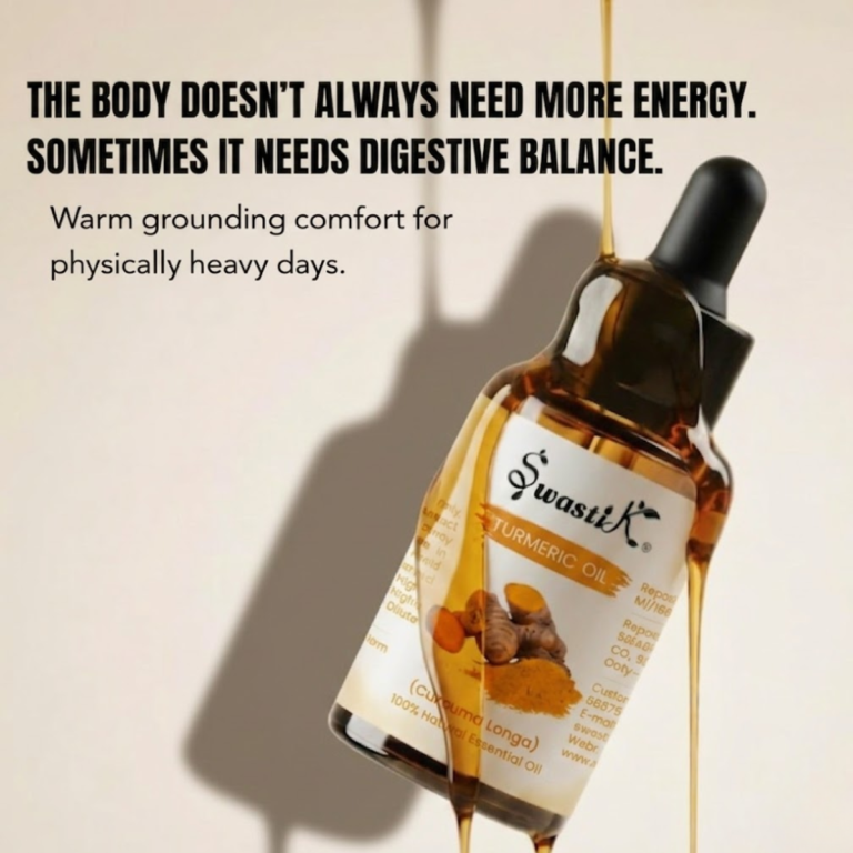 Premium Swastik Turmeric Essential Oil bottle with luxury wellness messaging focused on digestive balance, grounding comfort, and physically heavy days.