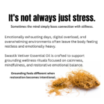 Botanical wellness educational creative explaining how stress, overstimulation, and emotional fatigue affect calmness and grounding using vetiver essential oil.
