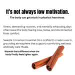 Educational wellness slide explaining physical heaviness, stress, body fatigue, and grounding self-care using Swastik Cinnamon Essential Oil.