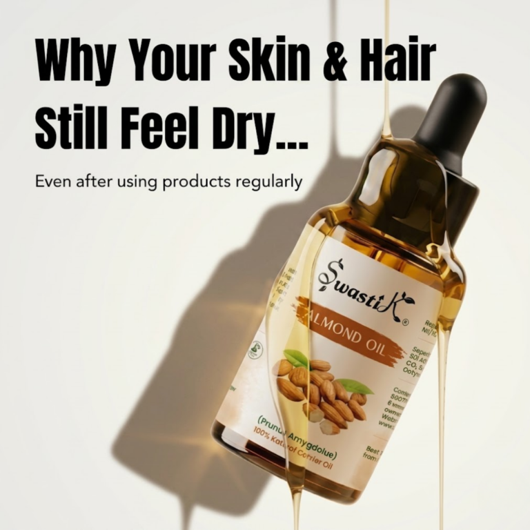 Almond oil bottle with text explaining why skin and hair feel dry even after using skincare products