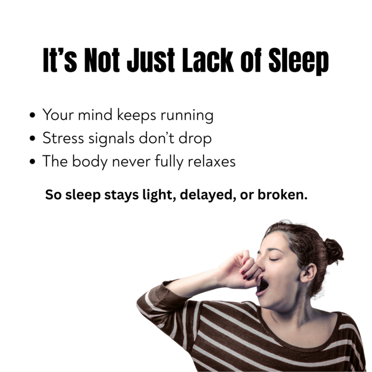 woman feeling sleepy and tired at night showing effects of stress overthinking and lack of deep sleep