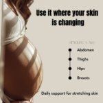 Pregnant woman applying oil on abdomen with highlighted areas like hips, thighs, and breasts for stretch mark prevention