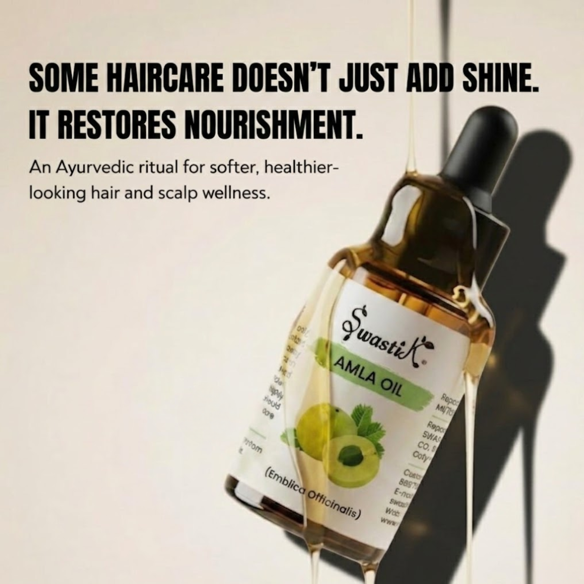 Amla Oil for Hair & Scalp Wellness Swastik Premium Swastik Amla Oil bottle styled in luxury Ayurvedic haircare aesthetics for nourishing scalp rituals, healthier-looking hair, and restorative wellness routines.