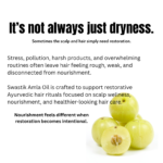 Ayurvedic haircare educational creative explaining how stress, pollution, and harsh routines affect scalp balance and hair softness using amla oil.